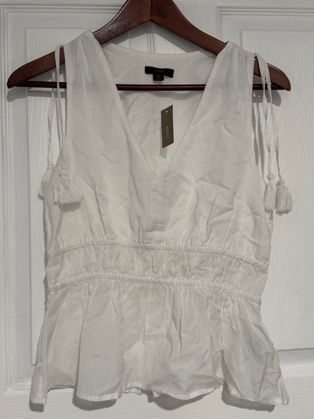 J. Crew White V-Neck Tassel-Shoulder Peplum Camisole